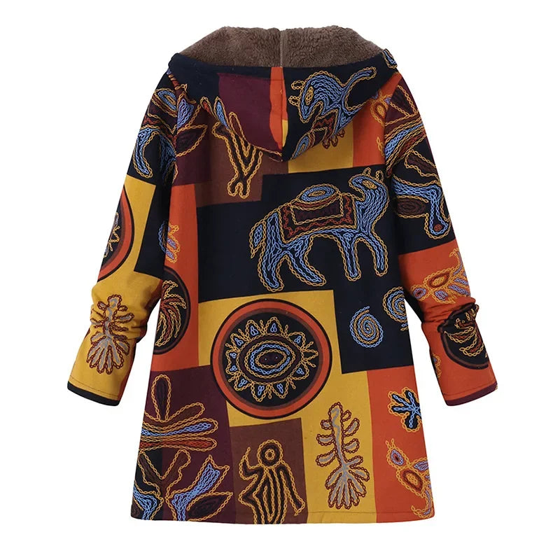 Women's Printed Hooded Long Sleeve Vintage Coat