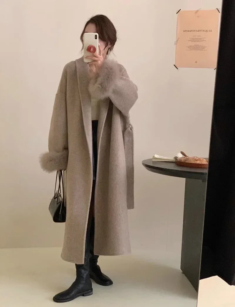 Women's Long Fur Woolen Double Sided Cashmere Coat