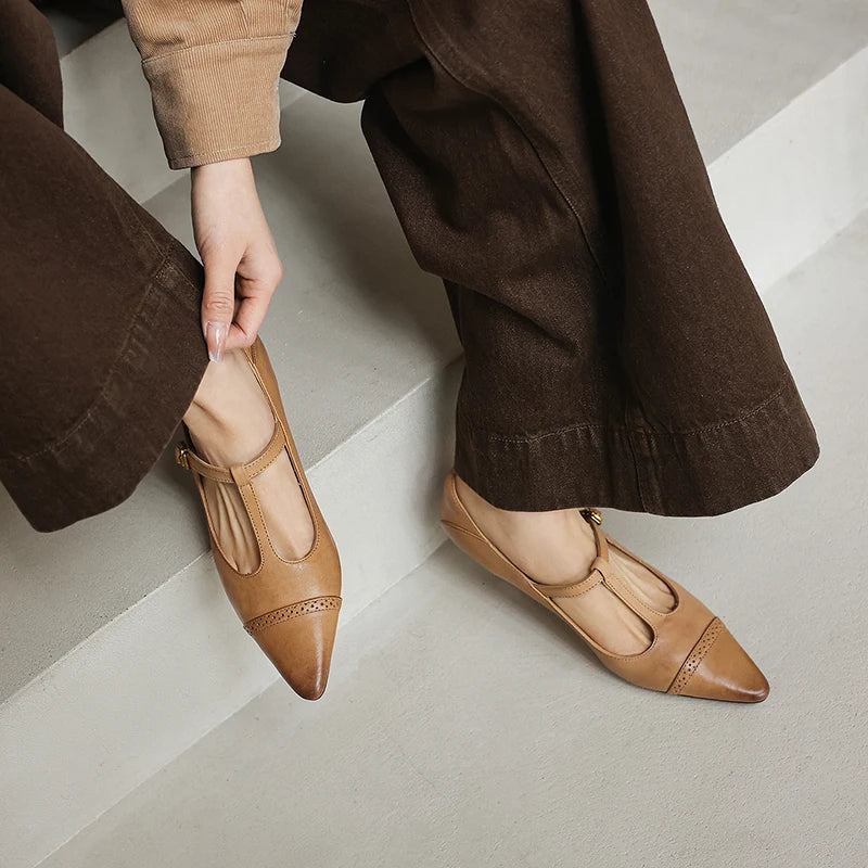 Women's Cow Leather T-Strap Pumps Shoes