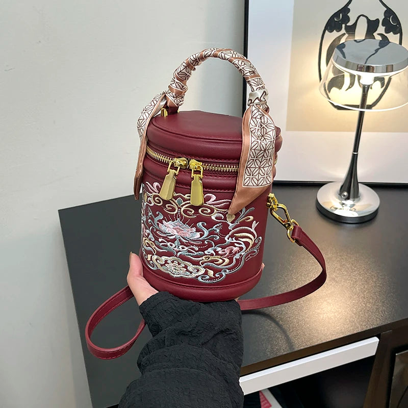 Women's Bucket Cylindrical Quality Leather Shoulder Bag