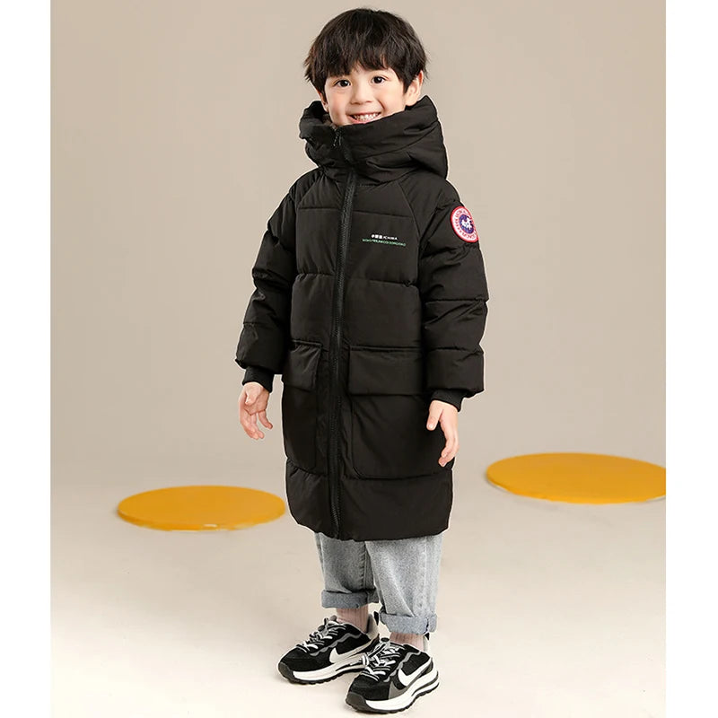 Kids' Solid Color Long Style Warm Hooded Jacket