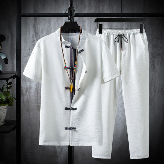Men's 2PCs Cotton Linen Shirts Pants Set