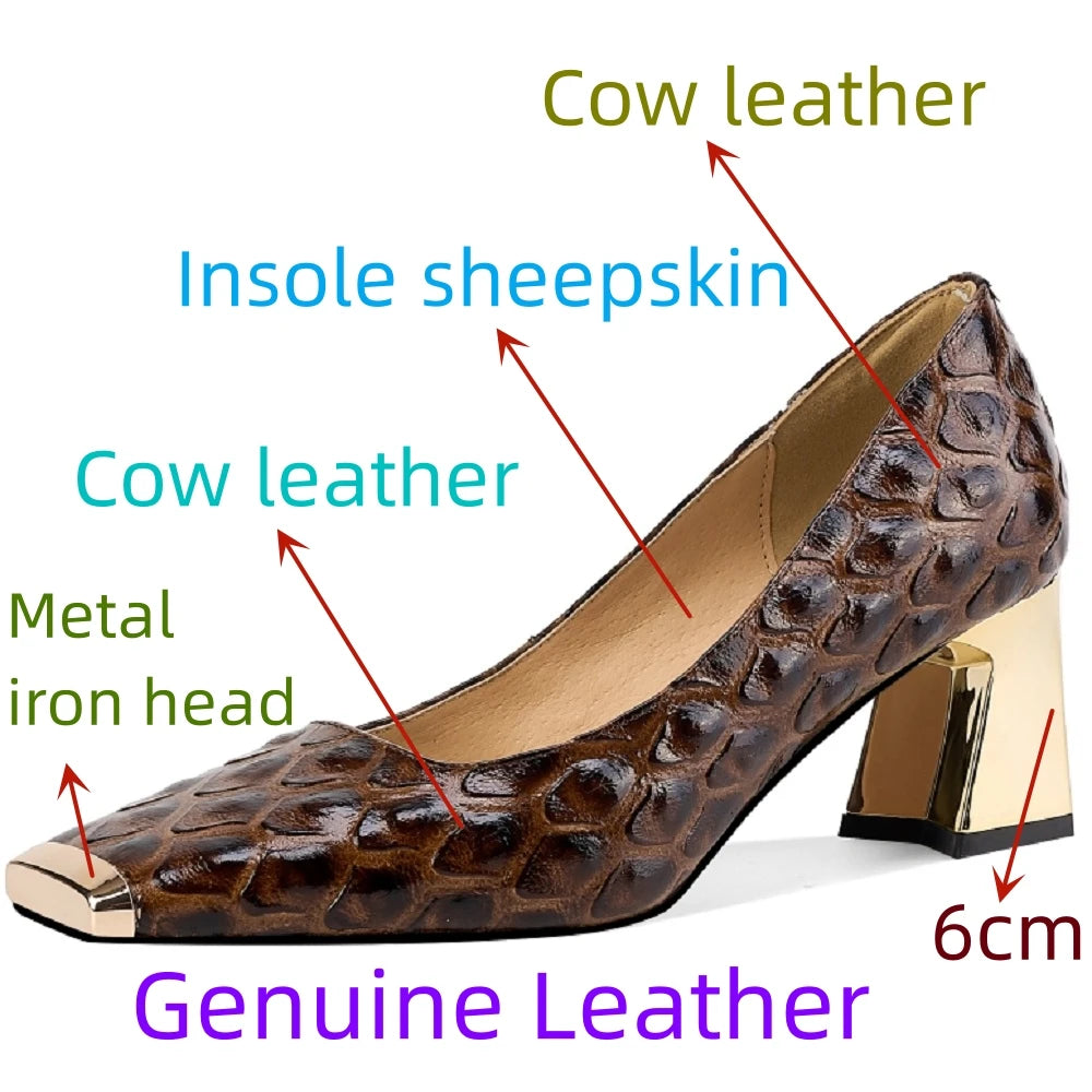 Women's Genuine Leather Mid Heel Square Toe Pumps Shoes