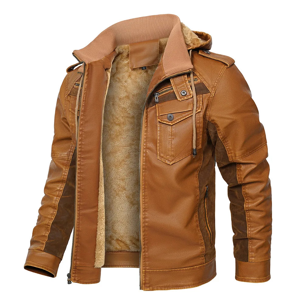 Men's Fur Leather Hooded Zipper Biker Jacket