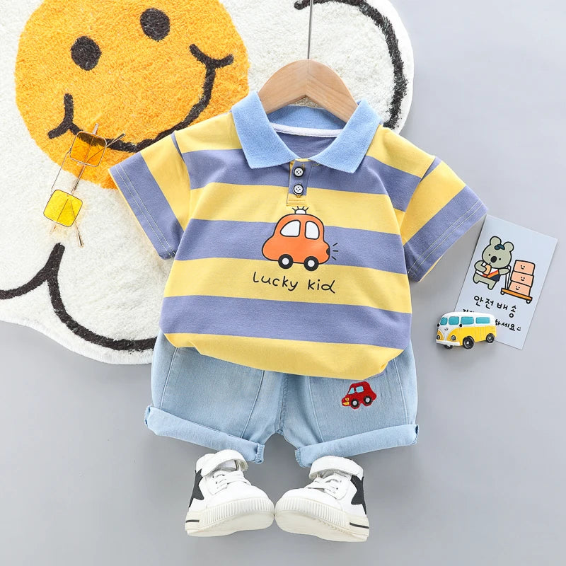kids' 2Pcs High Quality Polo Shirt Denim Short Set
