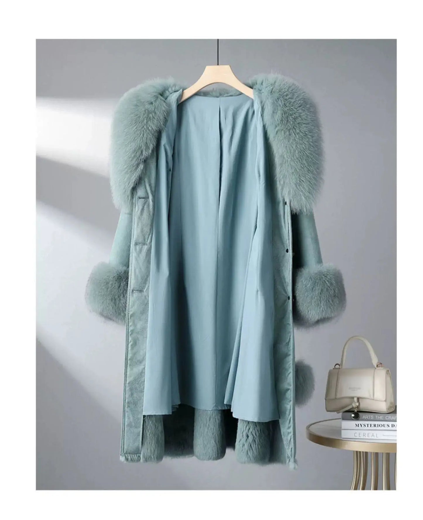 Women's Mid Length Rabbit Fur Fox Fur Collar Slim Fit Coat