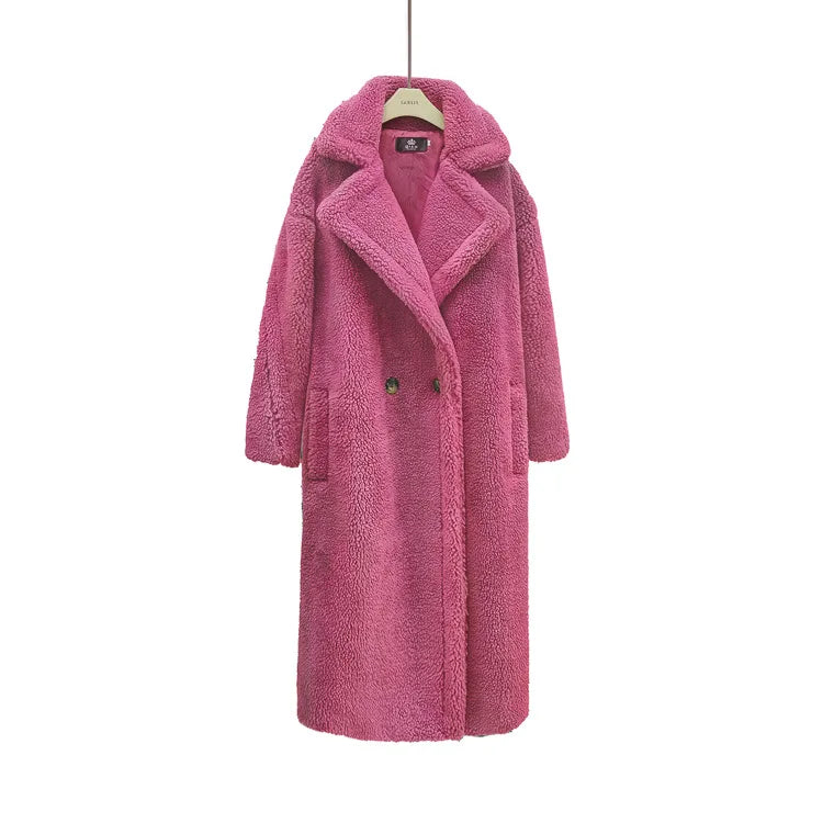 Women's Faux Fur Long Large Grain Lamb Sheep Wool Coat