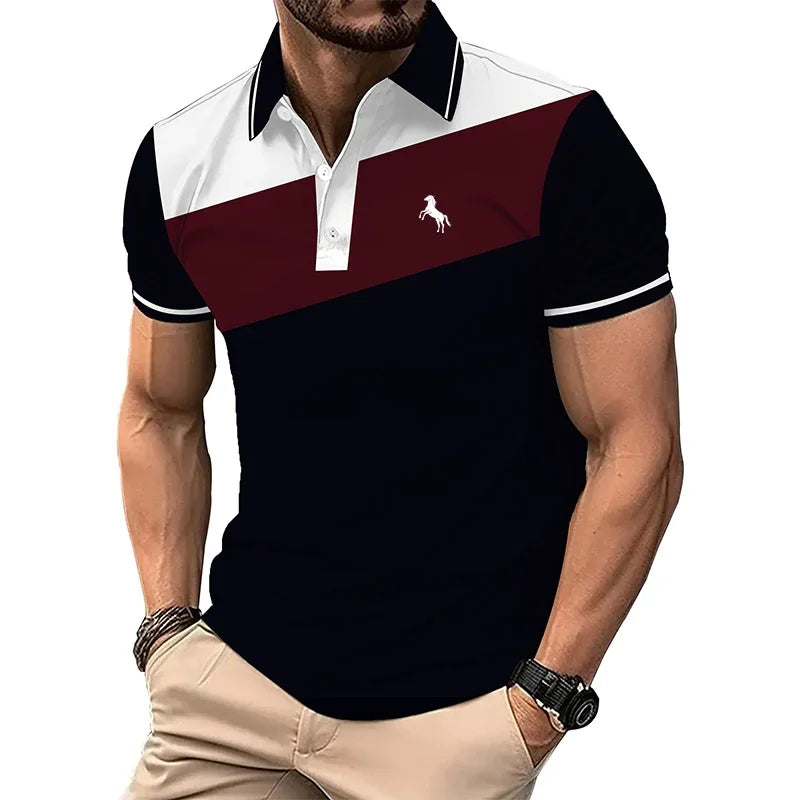 Men's Casual Short Sleeve Spell Color Button Polo Shirt