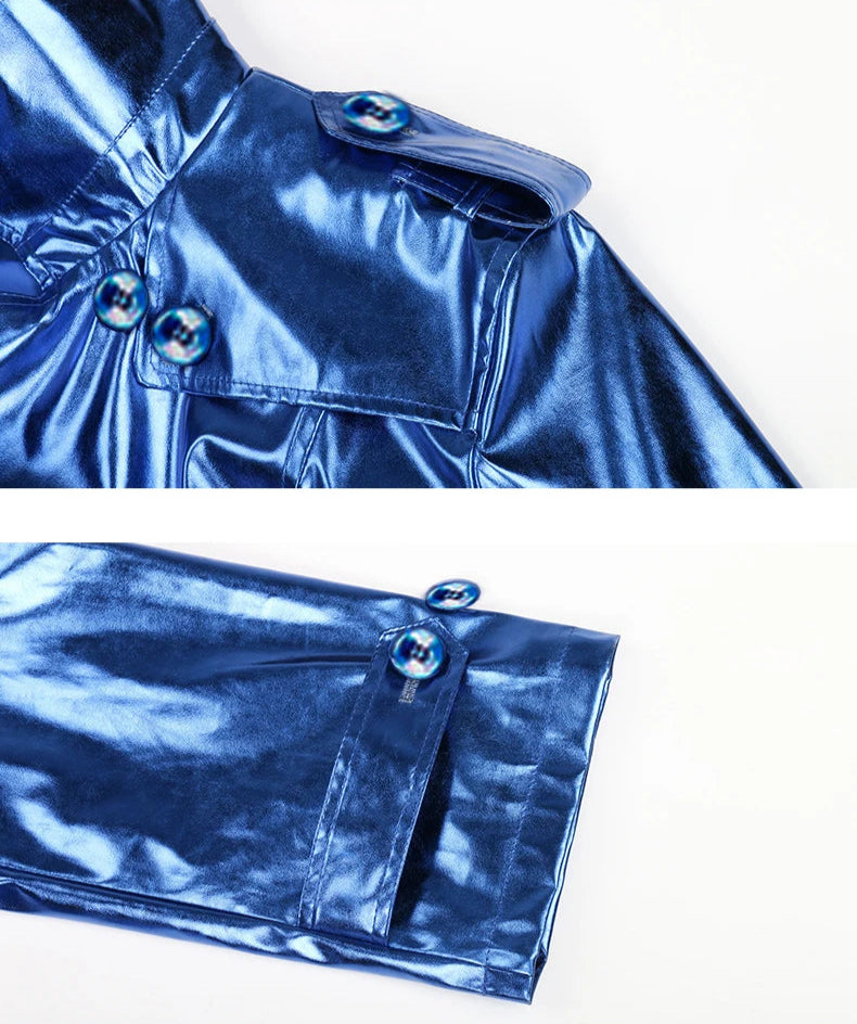 Women's Long Shiny Reflective Patent Leather Trench Coat
