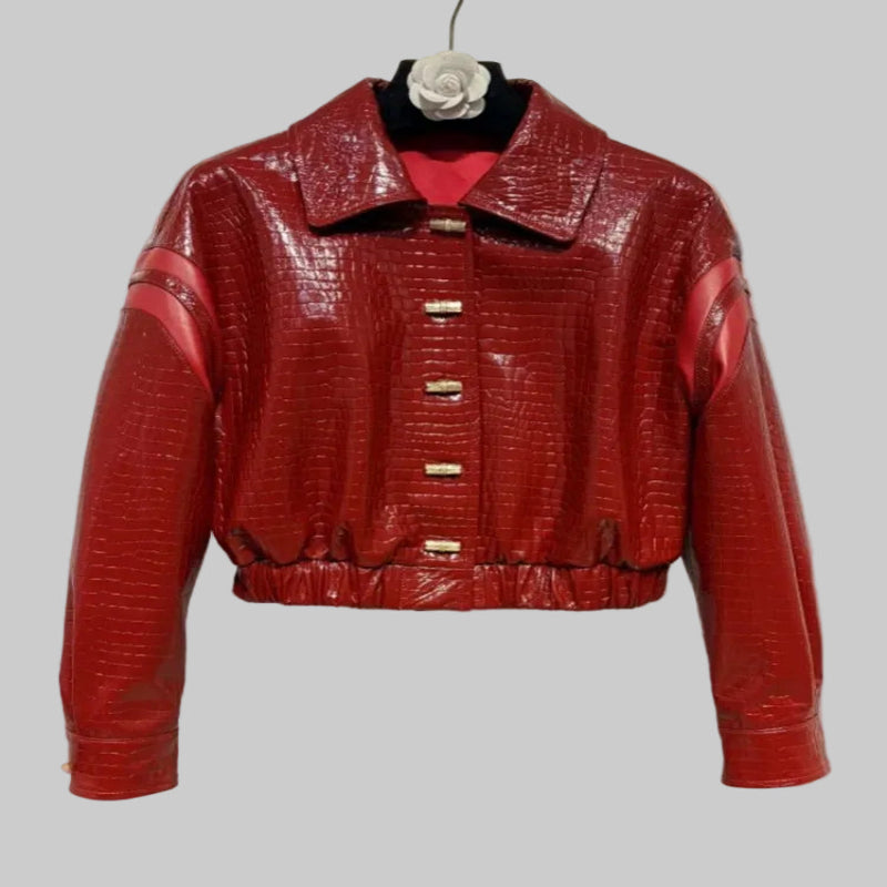 Women's Elegant Crocodile Grain Genuine Leather Short Jacket