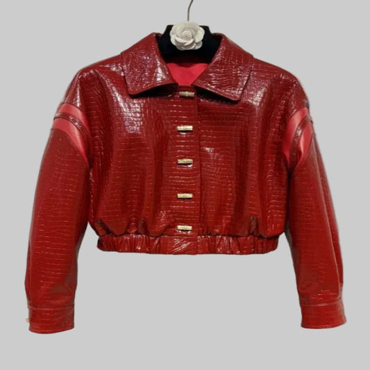 Women's Elegant Crocodile Grain Genuine Leather Short Jacket