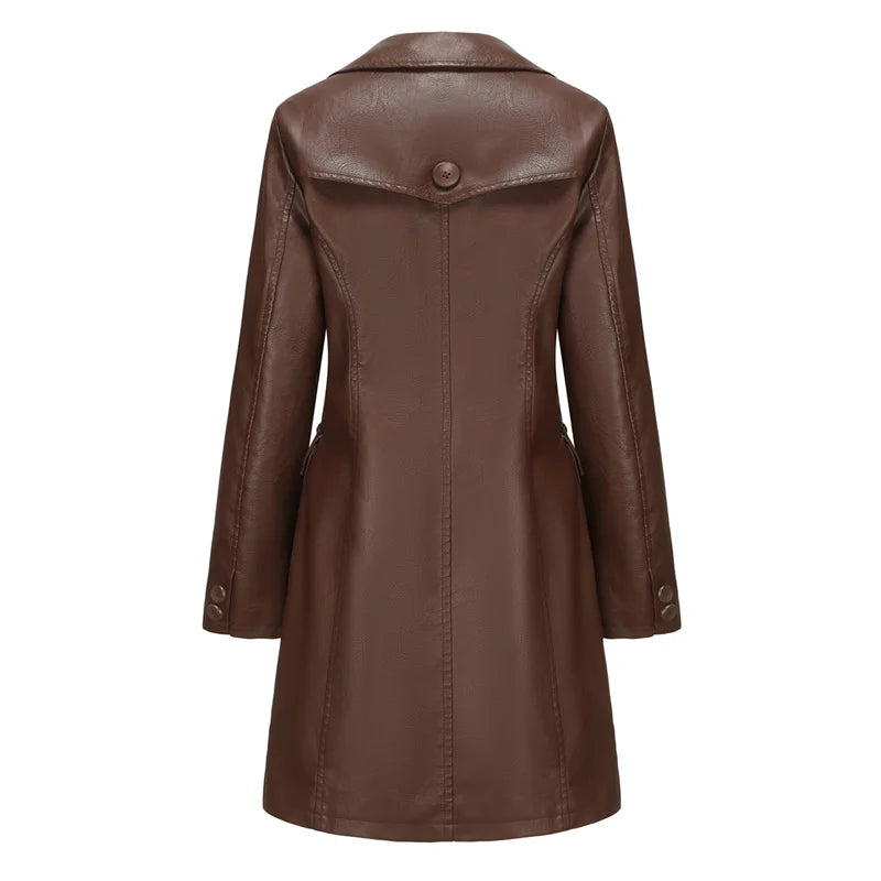 Women's Long sleeved Leather Windbreaker Coat