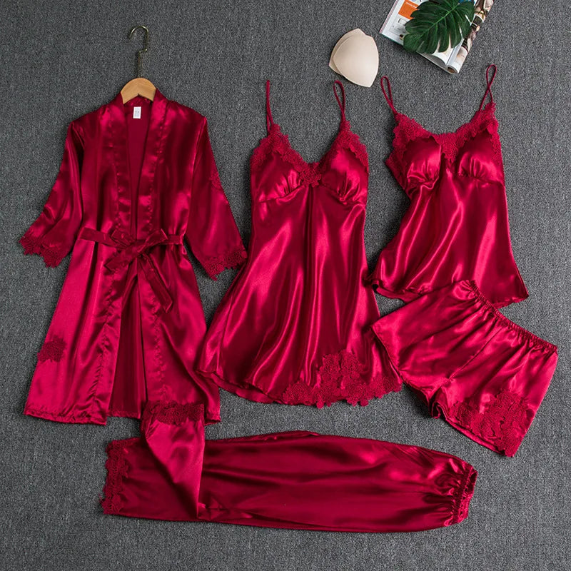 Women's 5Pcs Bridesmaid Dress Long Sleeved Plus Size Bathrobe Set