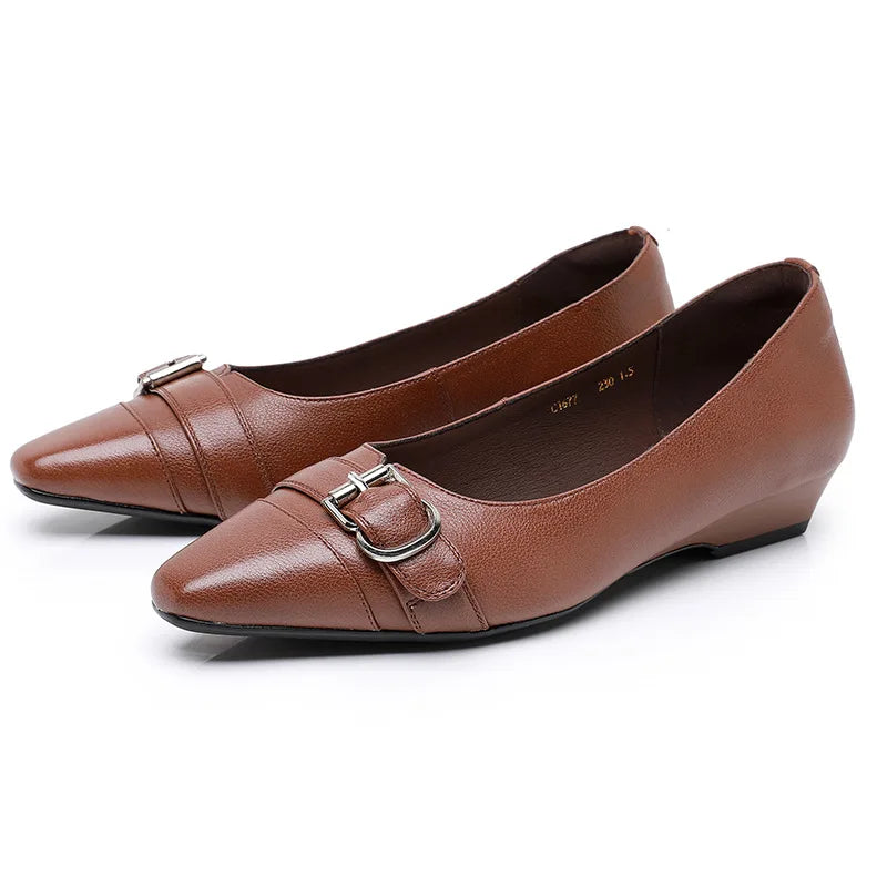 Women's Genuine Leather Low Heel Soft Buckle Pumps Shoes