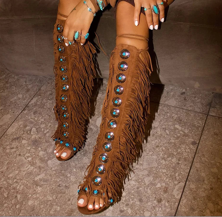 Women's Fringe Strappy Open Toe Lace Up Tassels High Heel Boots
