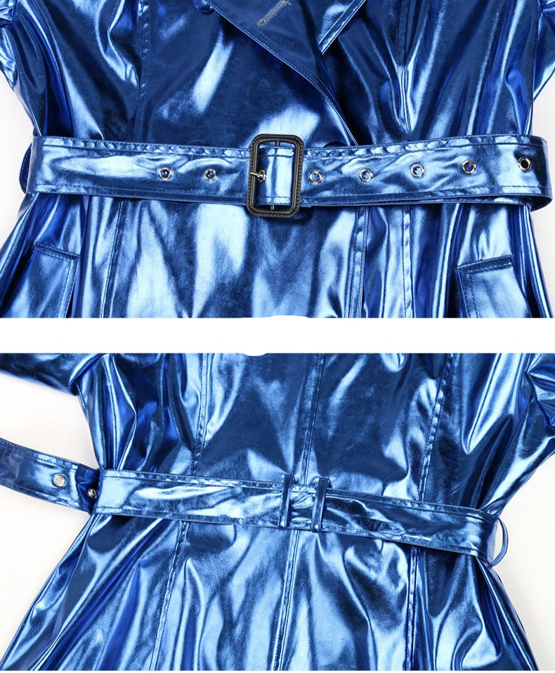 Women's Long Shiny Reflective Patent Leather Trench Coat
