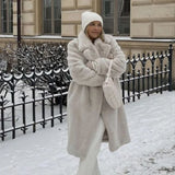 Women's Oversized Lapel Belted Faux Rabbit Fur Coat