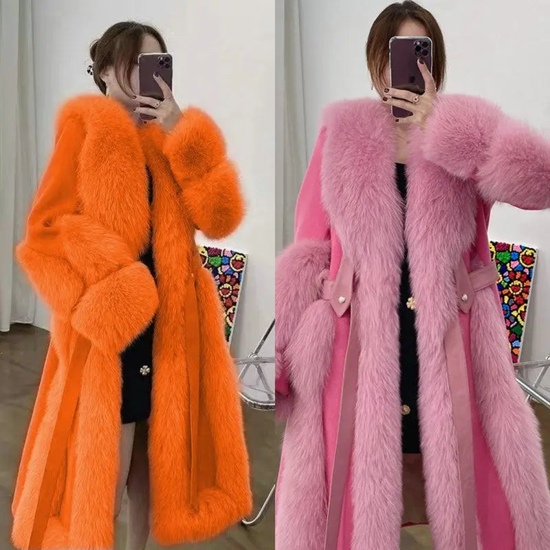 Women's Long Loose  Wool Faux Fur Coat