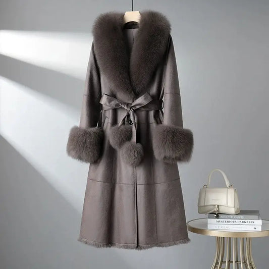 Women's Mid Length Rabbit Fur Fox Fur Collar Slim Fit Coat