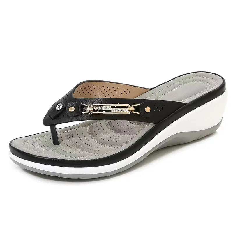 Women's Metal Butto Wedge Flip Flops Slides Slippers