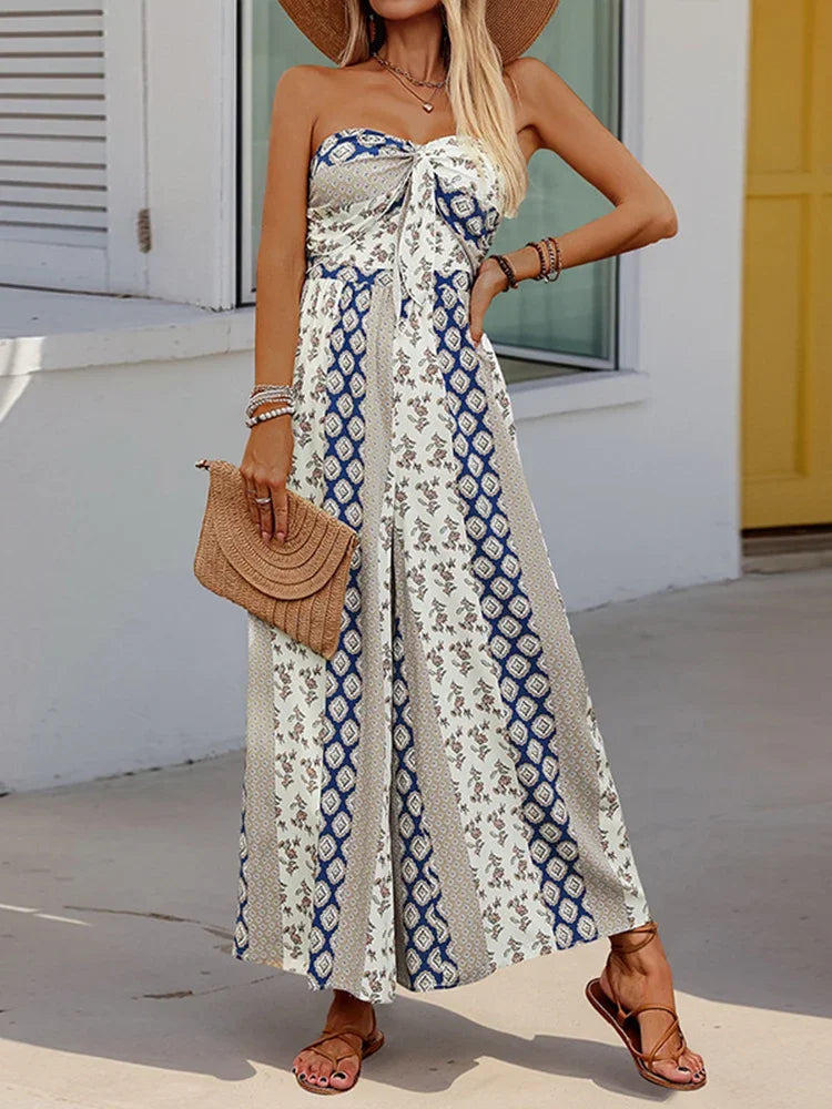 Women's Sleeveless Strapless Lace Up Wide Leg Pants Jumpsuit