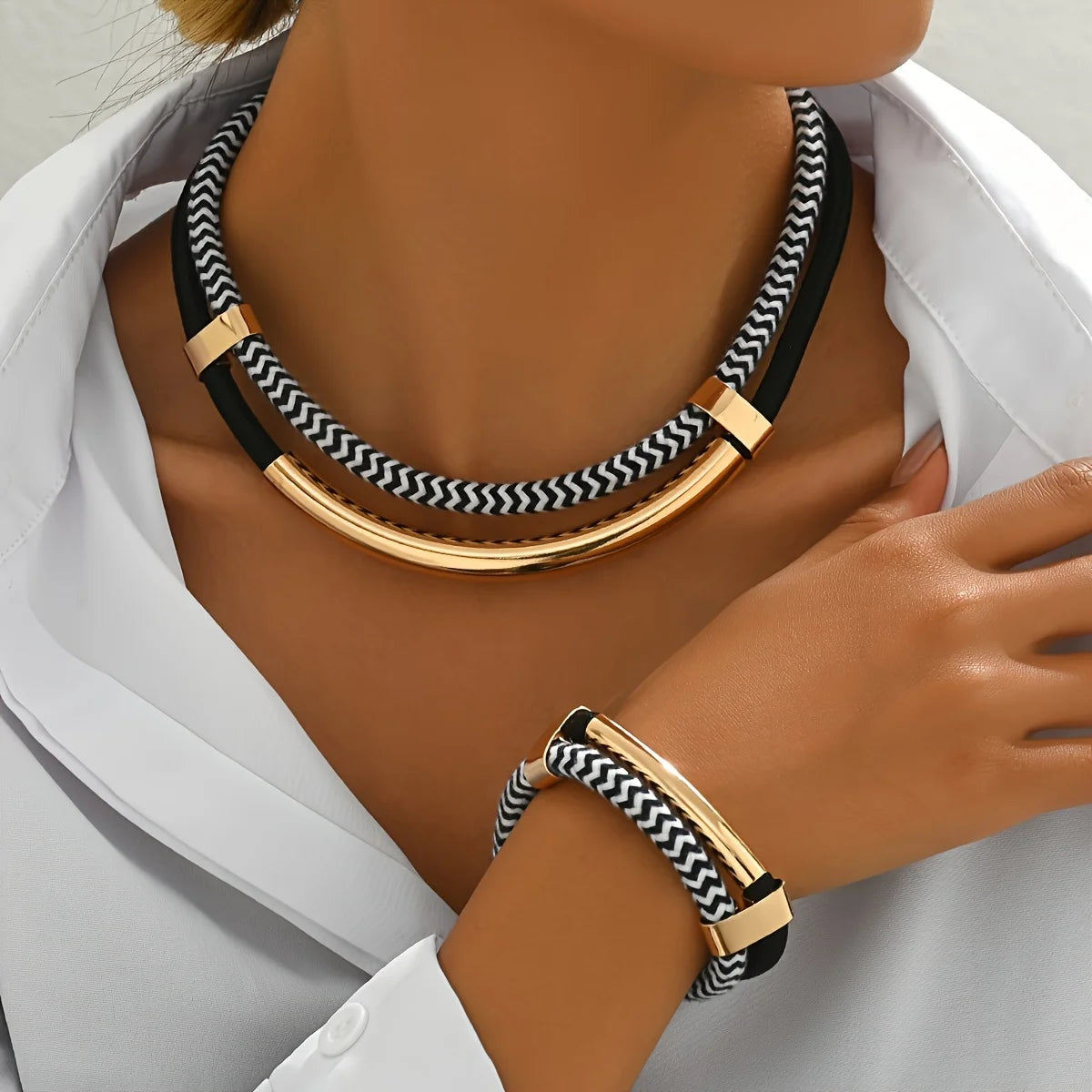 Women's 2PCS Thick Double Line Metal Tube Necklace Bracelet Set