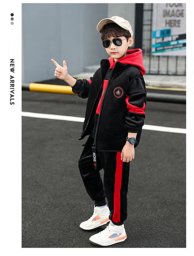 Boys 3Pcs Fleece Lined Zip Waistcoat Sweatshirt Sweatpants Set