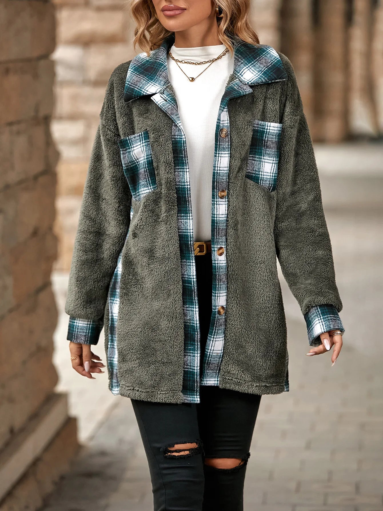 Women's Plush Hooded Long Sleeve Soft Patchwork Coat