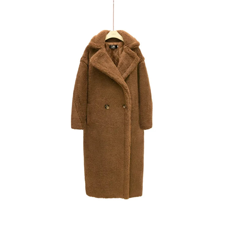 Women's Faux Fur Long Large Grain Lamb Sheep Wool Coat