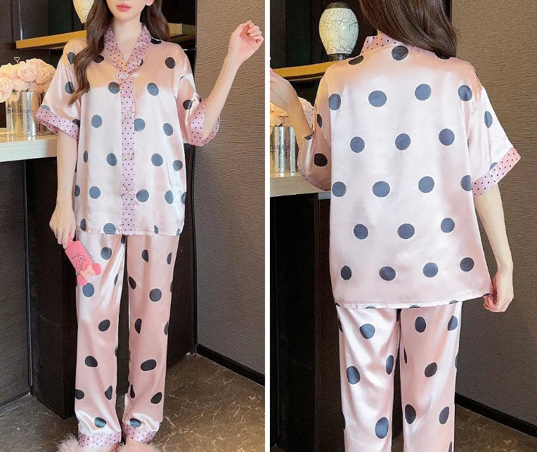 Women's 2Pcs Silk Button up Top and Pants Sleepwear Set