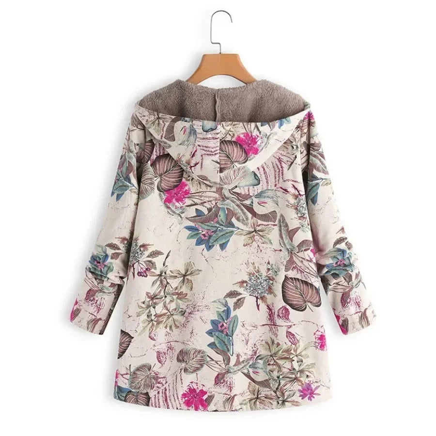 Women's Printed Hooded Long Sleeve Vintage Coat