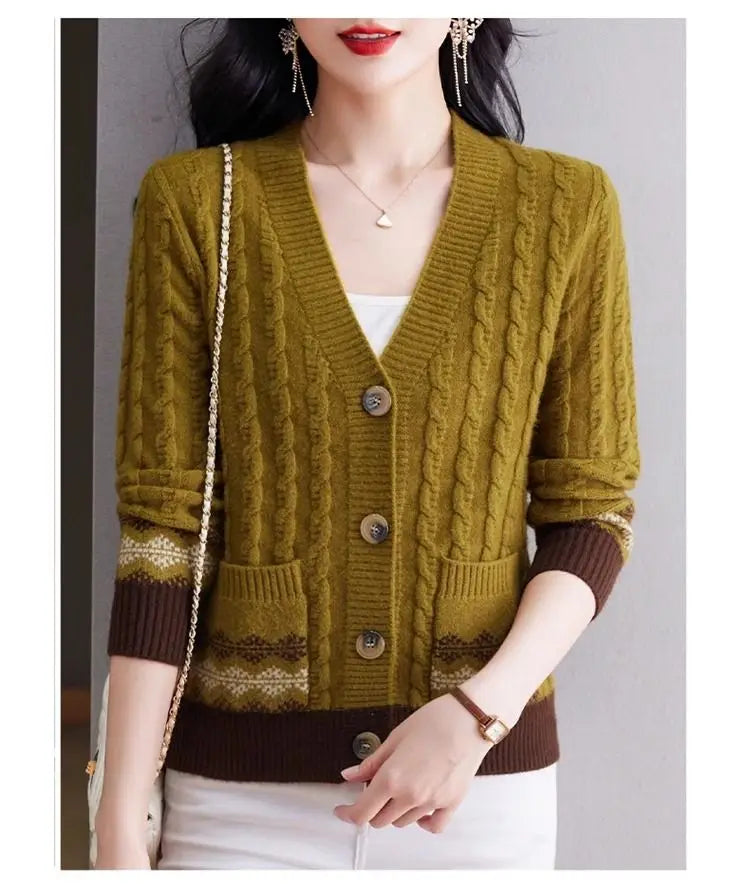 Women's Vintage V-Neck Button Pocket Knitted Cardigan Sweater