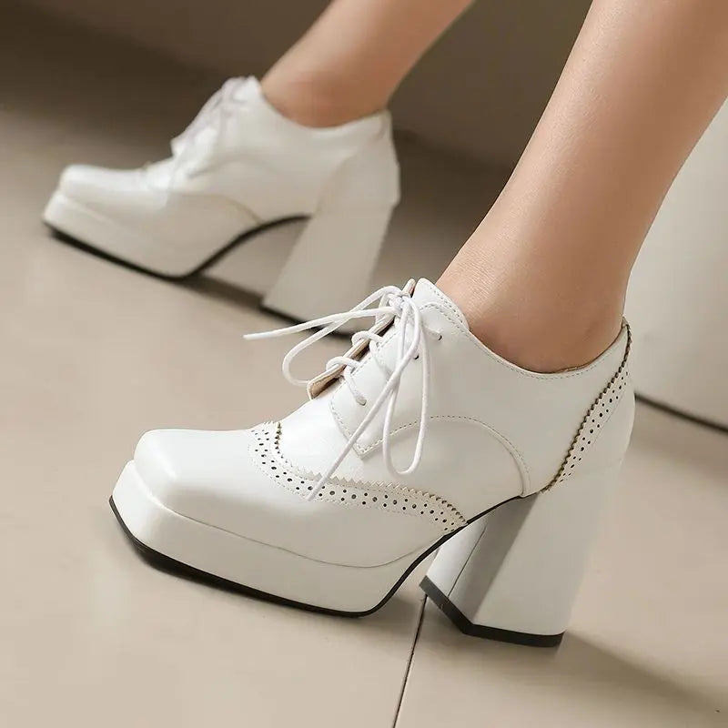 Women's Toe Chunky Heels Lace Up Pumps Shoes