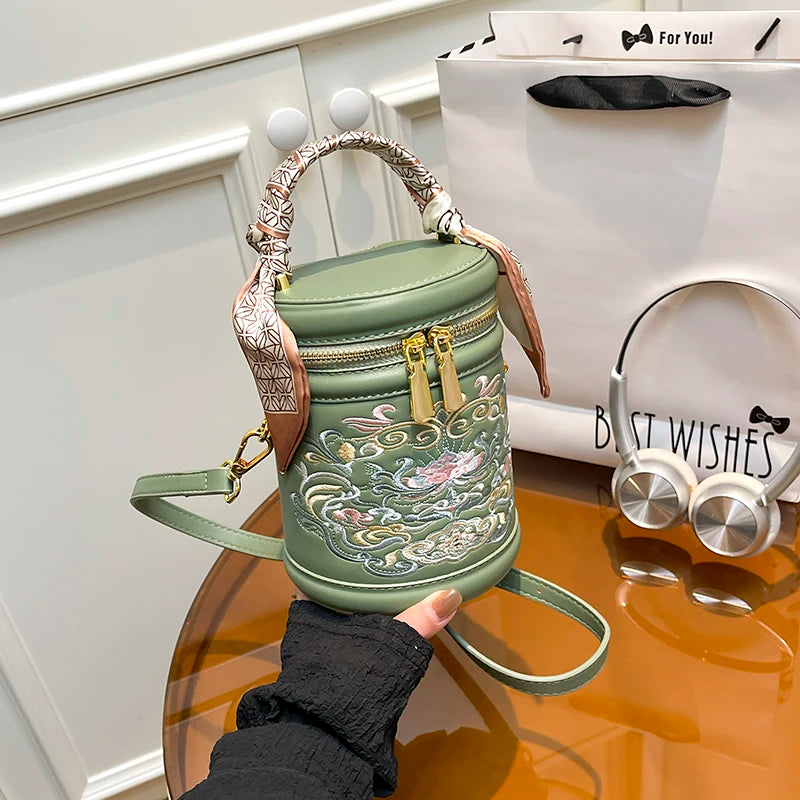 Women's Bucket Cylindrical Quality Leather Shoulder Bag