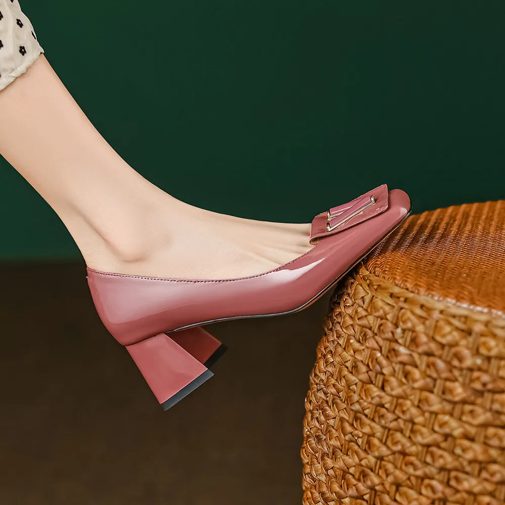 Women's Genuine Leather High Thick Heels Pumps Shoes