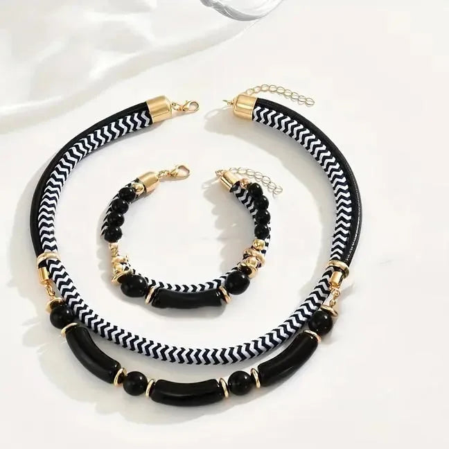 Women's 2PCS Thick Double Line Metal Tube Necklace Bracelet Set