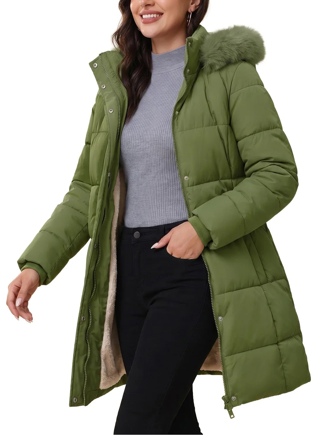 Women's Fleece Lined Ribbed Cuff Windproof Puffer Coat