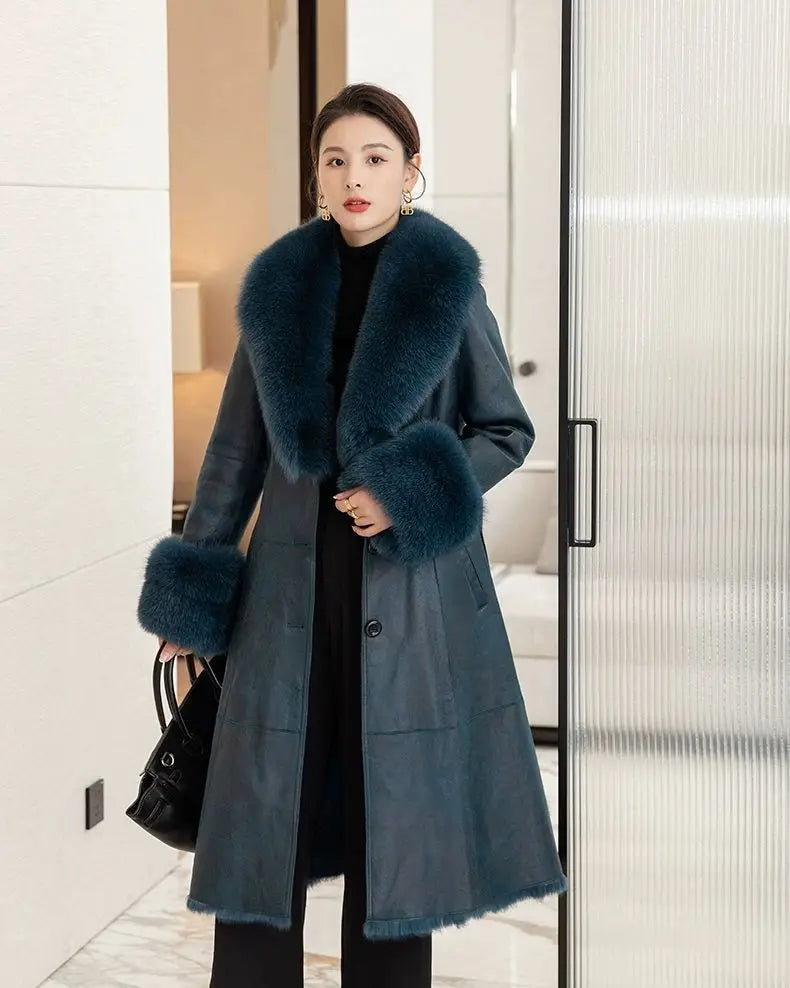 Women's Mid Length Rabbit Fur Fox Fur Collar Slim Fit Coat