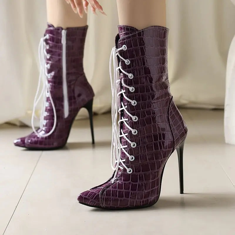 Women's Mid Calf Plaid Pointed Toe Zipper Lace Up Boots