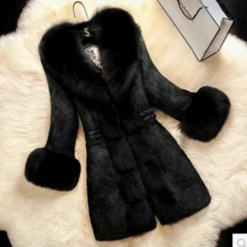 Women's Mid Length Large Size Fur Collar Coat