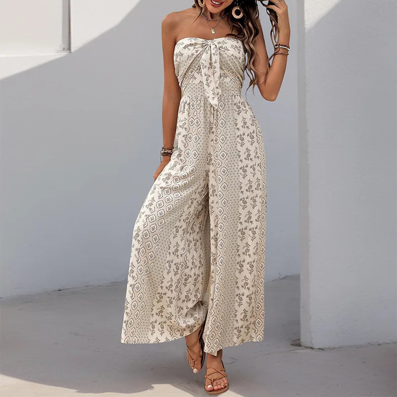Women's Sleeveless Strapless Lace Up Wide Leg Pants Jumpsuit