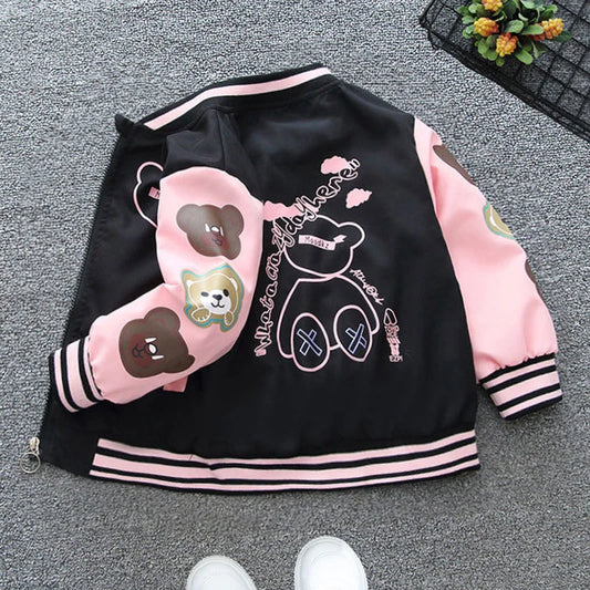 Girls Cartoon Bear Letter Print Long Sleeve Jacket