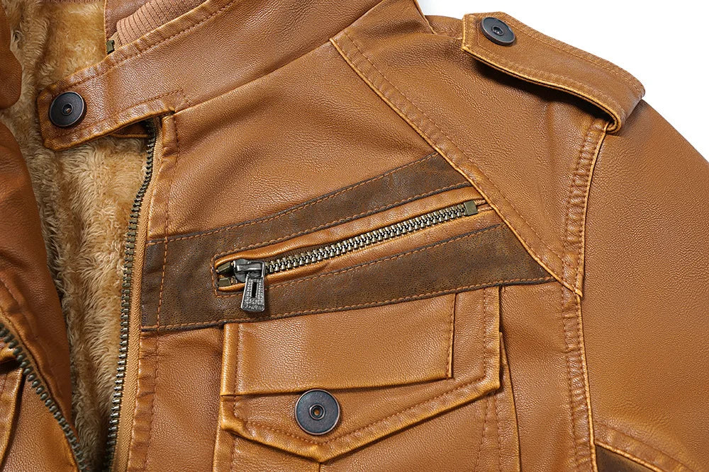 Men's Fur Leather Hooded Zipper Biker Jacket