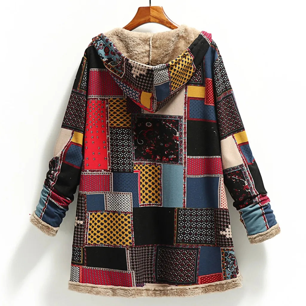 Women's Print Thick Fleece Hooded Long Loose Coat