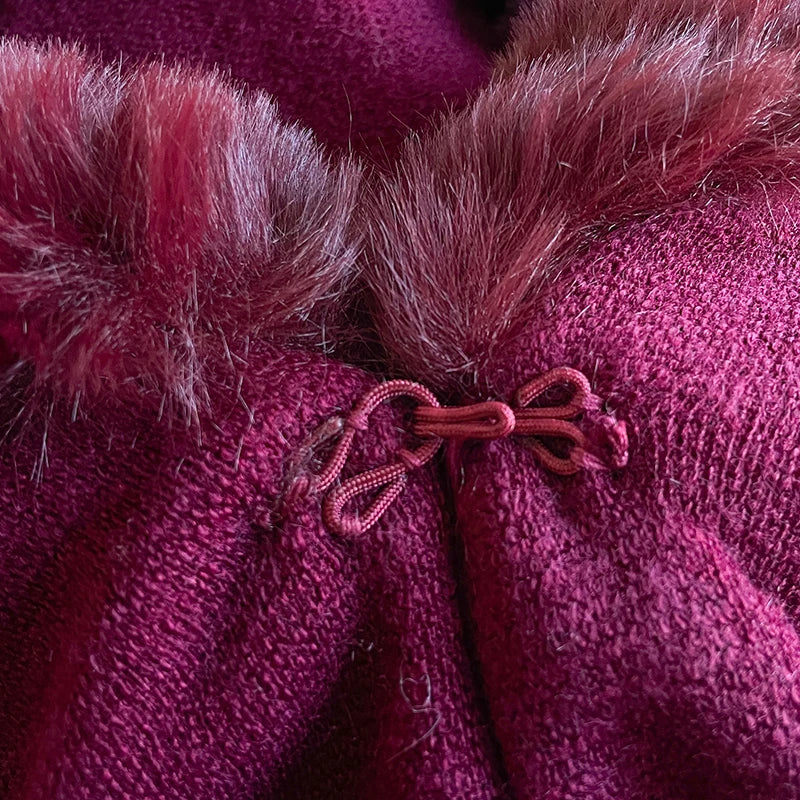 Women's Mink Wool Full Trims Faux Fur Hooded Fleece Cloak Wrap Cape