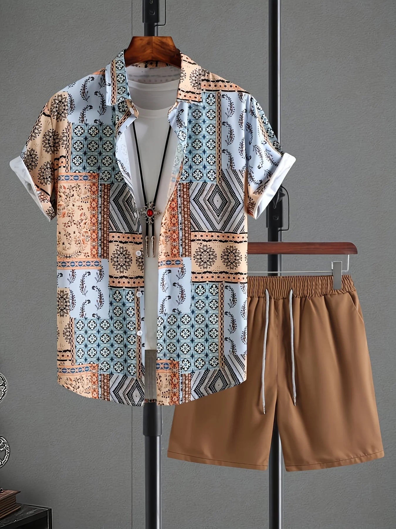 Men's 2Pcs Shorts Shirt Drawstring Waist Ethnic Floral Set