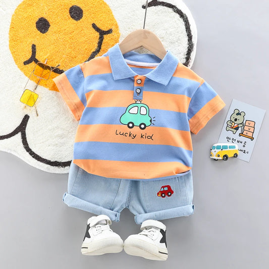 kids' 2Pcs High Quality Polo Shirt Denim Short Set