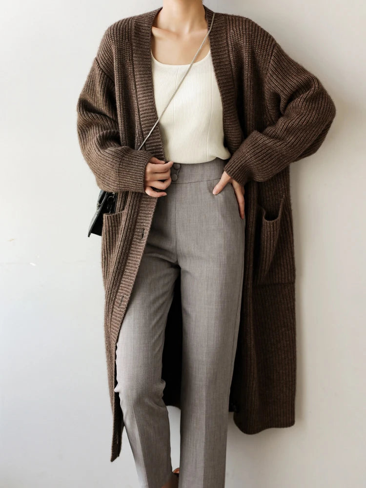 Women's Long Knitted  Single Breasted V-neck Sweater Cardigan