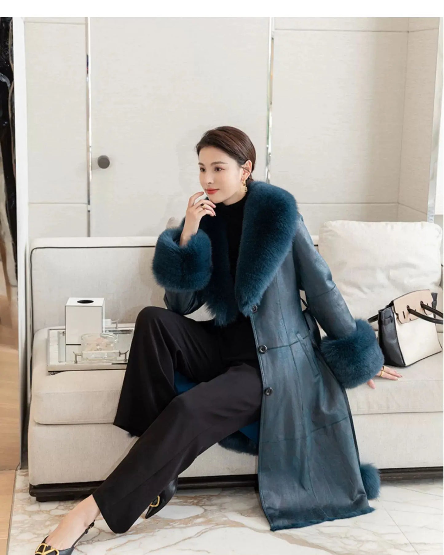 Women's Mid Length Rabbit Fur Fox Fur Collar Slim Fit Coat