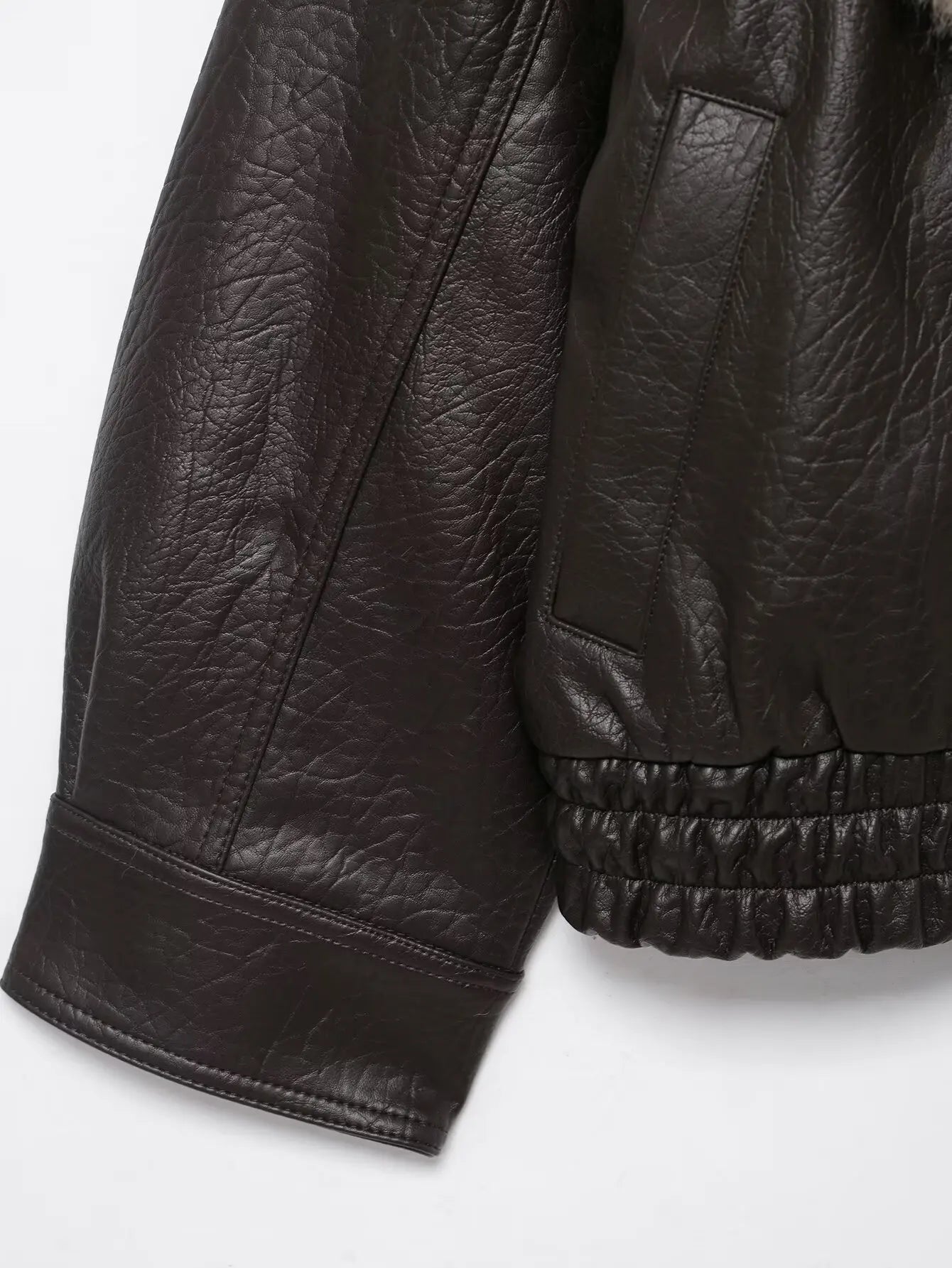 Women's Loose Faux Leather Big Fur Collar Causal Jacket